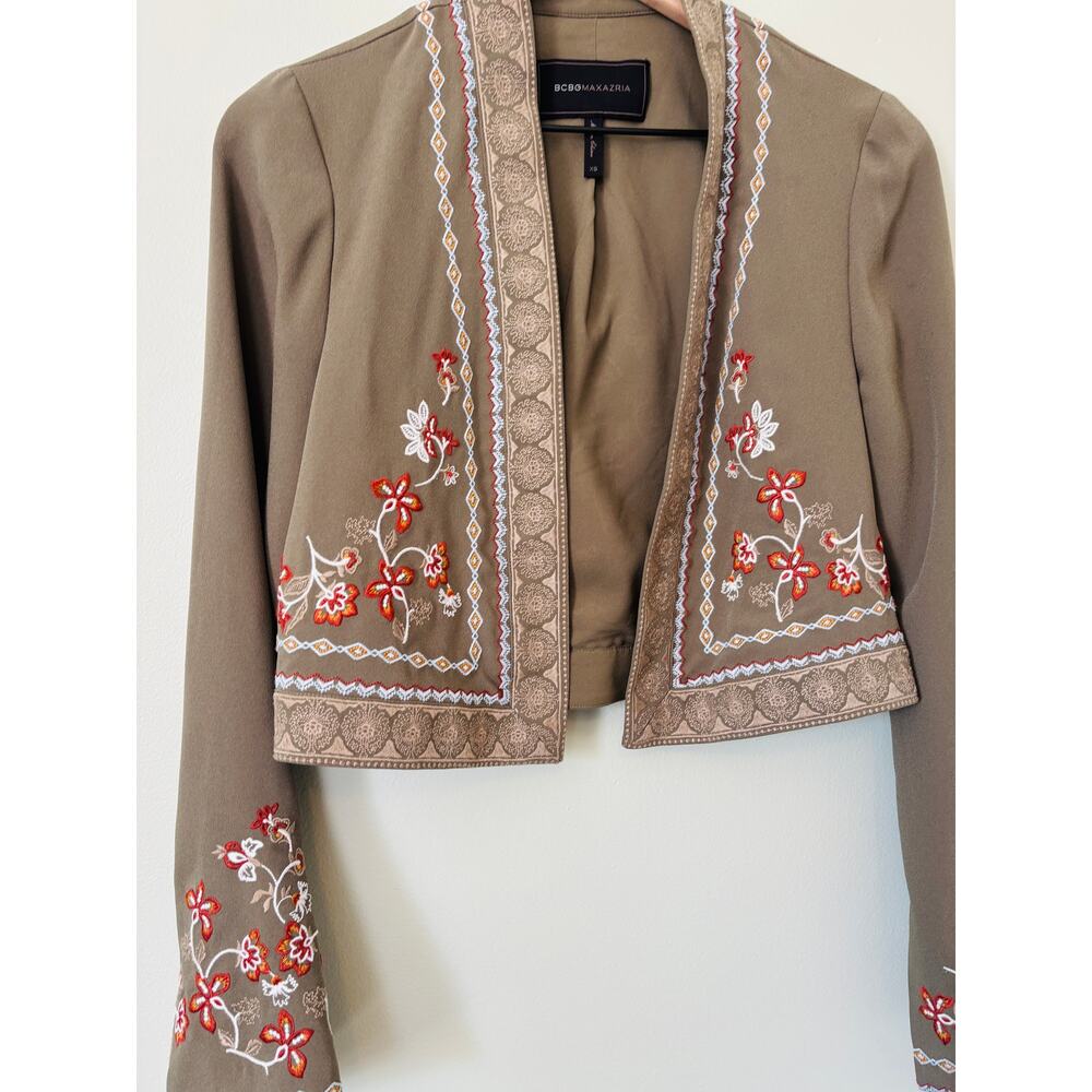 BCBGMAXAZRIA Green Embroidered Cropped Jacket XS Boho Open Blazer Cottage Boho - Picture 4 of 8